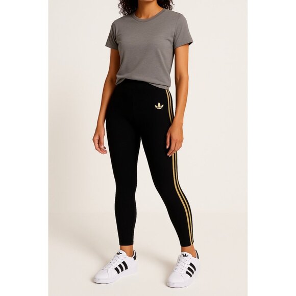 adidas Originals Pants - Adidas Originals Leggings  M Ribbed High Waist Black Gold Stripe Logo Athleisure